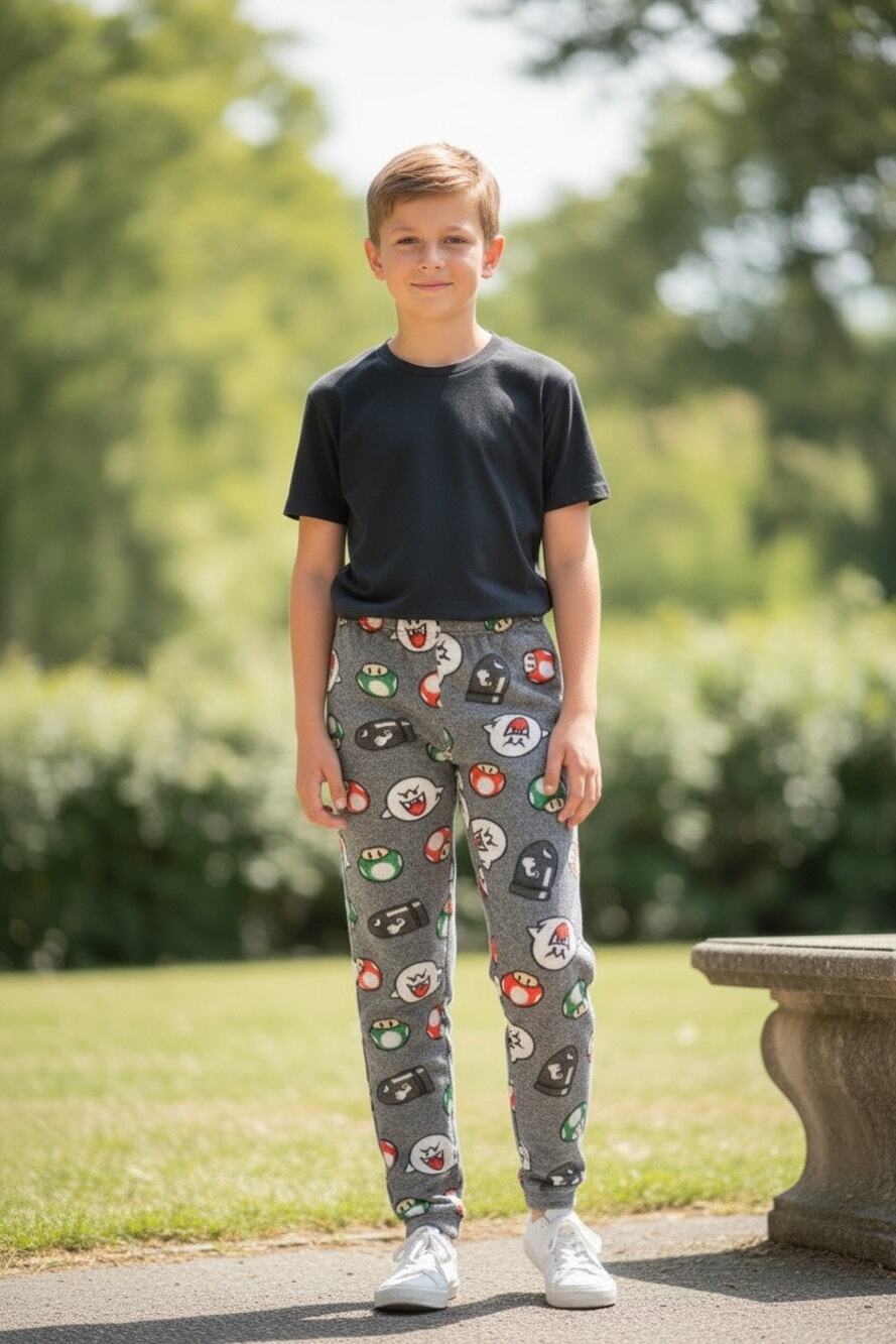 Super Mario Bros Fleece Pajama Pants Boys Size 6 7 Gray Boo Ghost Mushroom